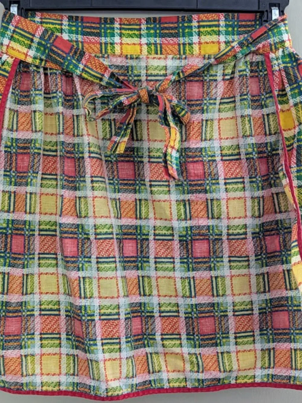 Vintage 1960s Handmade Plaid Half Apron Red Pocket USA